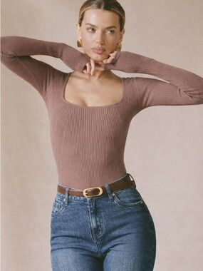 Abercrombie Ribbed Square Neck Bodysuit Taupe Stretch Fitted Size S